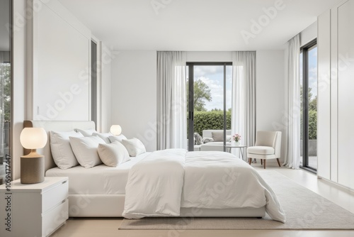 Elegant and Modern Luxury Bedroom with Large Windows Offering Serene Outdoor Views in a Minimalist and Tranquil Interior Design