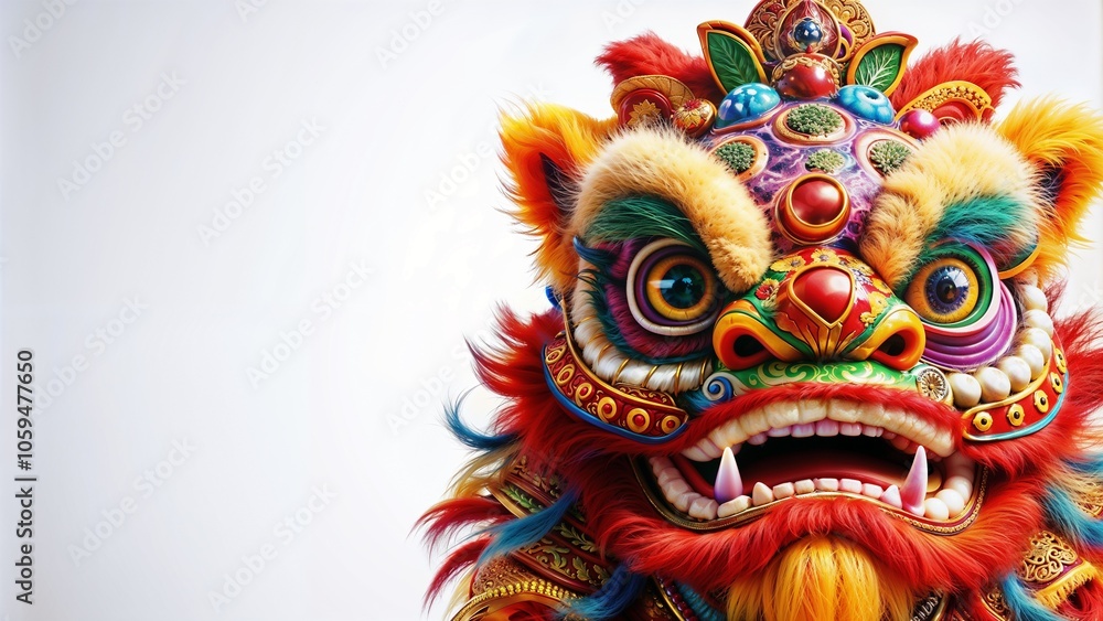 Fototapeta premium Colorful Chinese lion dance mask with intricate decorations and vibrant details