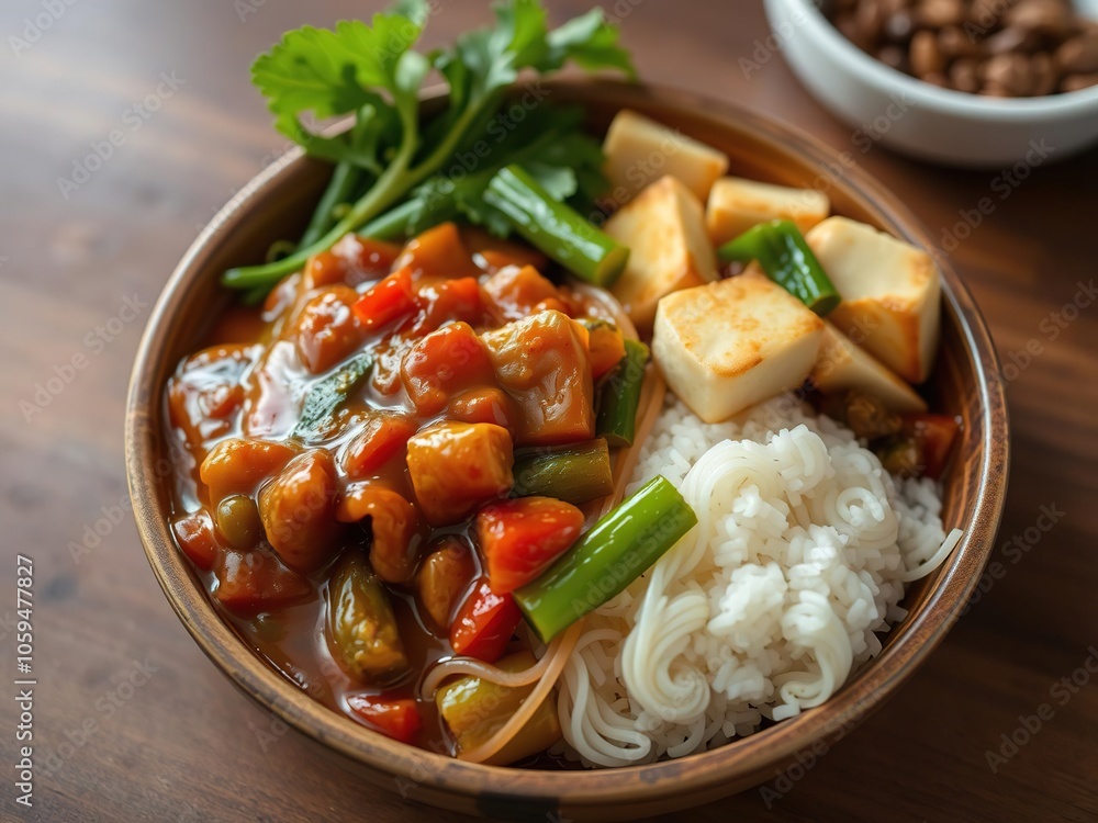 Stir fried Chinese economic rice noodle in a savory sauce with assorted vegetables and tofu, meal, Chinese, Asian Stir fried Chinese economic rice noodle in a savory sauce with assorted vegetables and tofu, meal, Chinese, Asian
