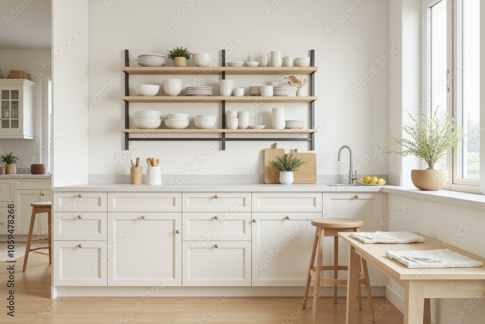 Modern Minimalist Kitchen with White Cabinets, Open Shelving, Natural Light, and Cozy Atmosphere Modern Minimalist Kitchen with White Cabinets, Open Shelving, Natural Light, and Cozy Atmosphere