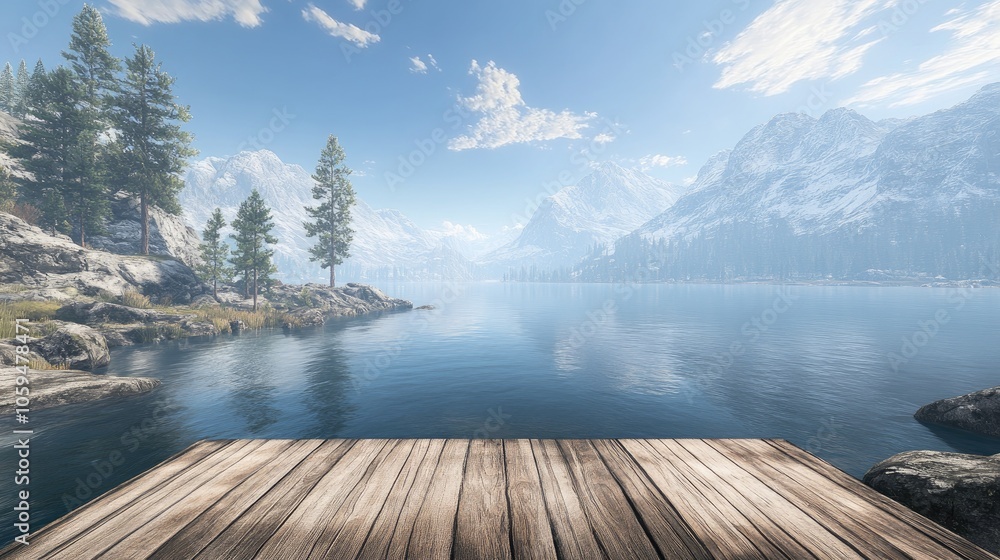 Rustic lakeside platform with panoramic mountain views under a clear sky, perfect for outdoor-themed visuals. Rustic lakeside platform with panoramic mountain views under a clear sky, perfect for outdoor-themed visuals.