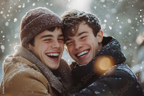 Two men standing very close to each other, looking at each other, hugging, laughing. Male friendship. Portrait of two men on the street in winter.