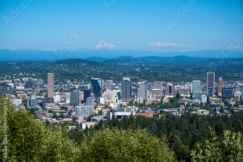 Aerial View Of Portland Cityscape With Mountain In Background photo