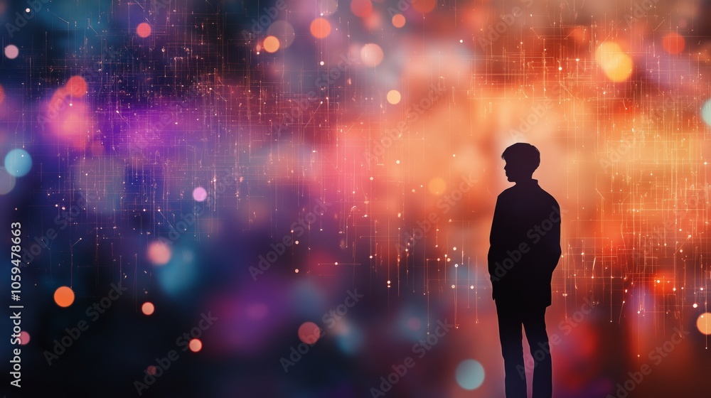Silhouette of a person in a huge city woven from data streams. The concept of a lonely person in a big digital world Silhouette of a person in a huge city woven from data streams. The concept of a lonely person in a big digital world