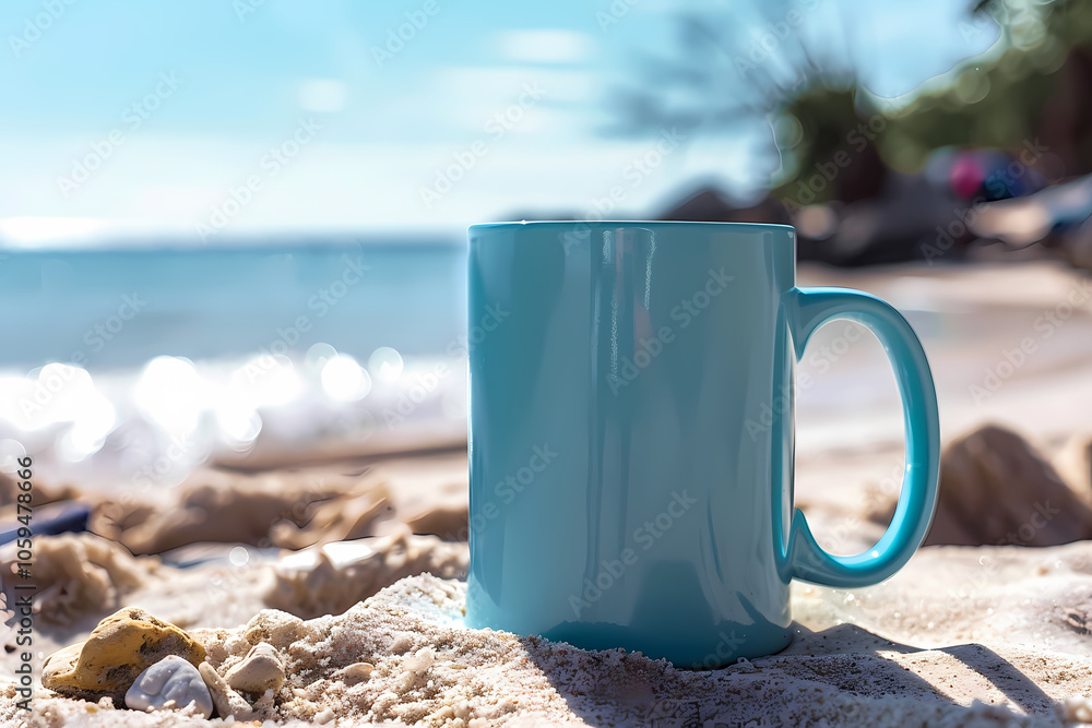 A vibrant blue mug rests on the sandy beach, capturing the essence of relaxation and summer vibes by the ocean. A vibrant blue mug rests on the sandy beach, capturing the essence of relaxation and summer vibes by the ocean.