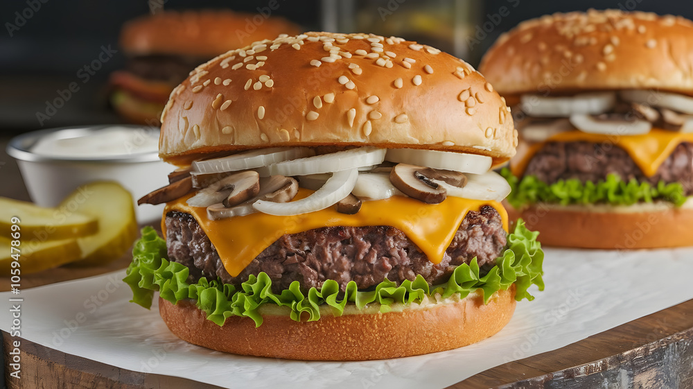 Cheesy Stuffed Burger: A thick beef patty filled with melted cheddar cheese in the center, topped with sautéed onions and mushrooms, served with lettuce and pickles on a soft sesame seed bun.
Cheesy Stuffed Burger: A thick beef patty filled with melted cheddar cheese in the center, topped with sautéed onions and mushrooms, served with lettuce and pickles on a soft sesame seed bun.