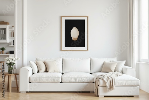 Elegant Living Room White Sofa Modern Art Calm Aesthetic Neutral Tones