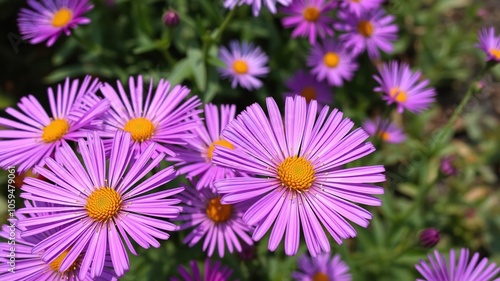 Vibrant purple alpine aster flower blooming in a lush garden, garden, colorful photo