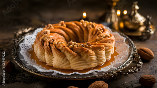 Aish el-Bulbul: Flaky pastry filled with nuts and cream, shaped like a bird's nest, adorned with syrup and nuts, on an ornate tray with soft, dim lighting for a luxurious appeal.






 photo