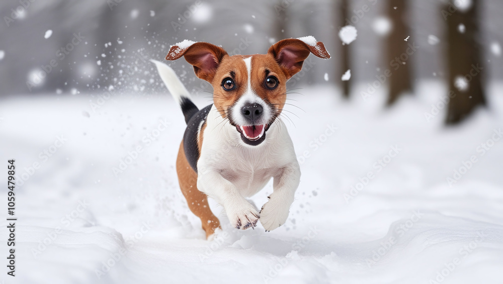 Jack Russell Terrier Dog Running in Snow in Winter, Playing and Jumping, Cute Pet Jack Russell Terrier Dog Running in Snow in Winter, Playing and Jumping, Cute Pet