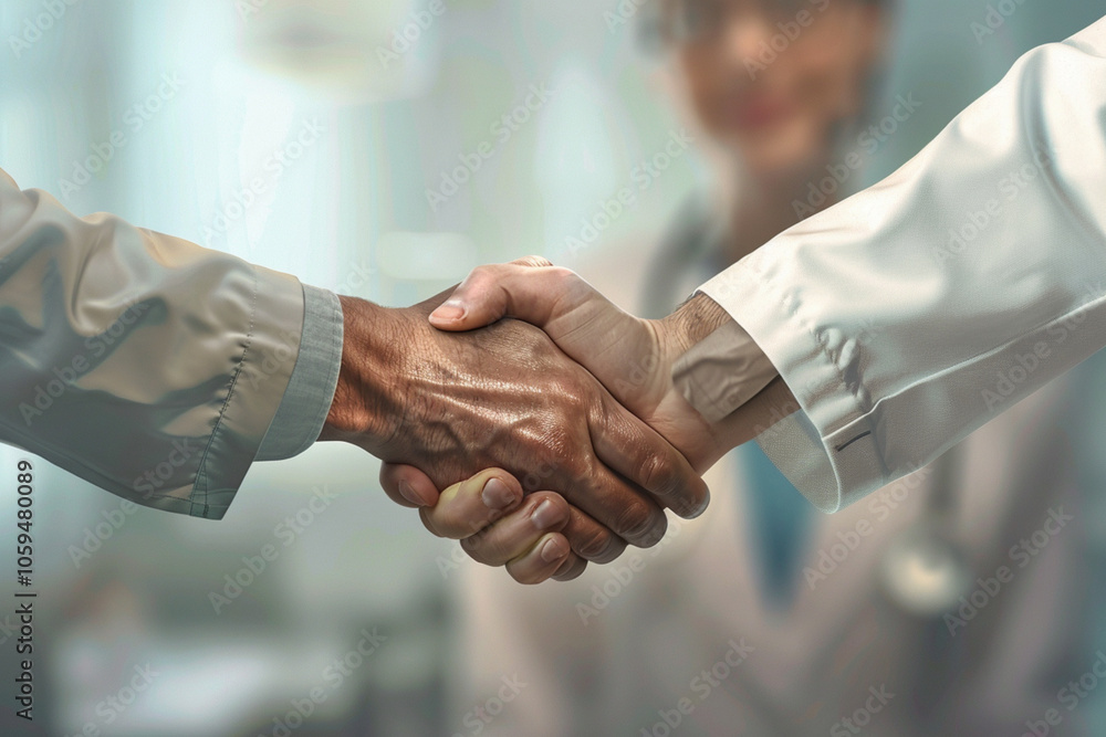 A male doctor shakes hands with a patient, symbolizing trust in a healthcare setting. Warm colors evoke a sense of support and professionalism. A male doctor shakes hands with a patient, symbolizing trust in a healthcare setting. Warm colors evoke a sense of support and professionalism.