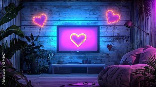 Neon Heart Decoration in Cozy Living Room