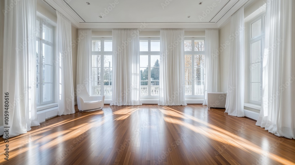 White curtains and polished wood floor create an elegant, luxury backdrop with ample natural lighting. White curtains and polished wood floor create an elegant, luxury backdrop with ample natural lighting.