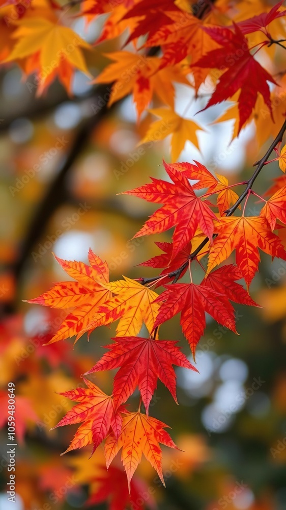 Vibrant maple leaves in shades of red, orange, and yellow on a tree branch, colorful, seasonal, maple Vibrant maple leaves in shades of red, orange, and yellow on a tree branch, colorful, seasonal, maple