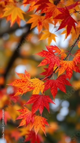 Vibrant maple leaves in shades of red, orange, and yellow on a tree branch, colorful, seasonal, maple