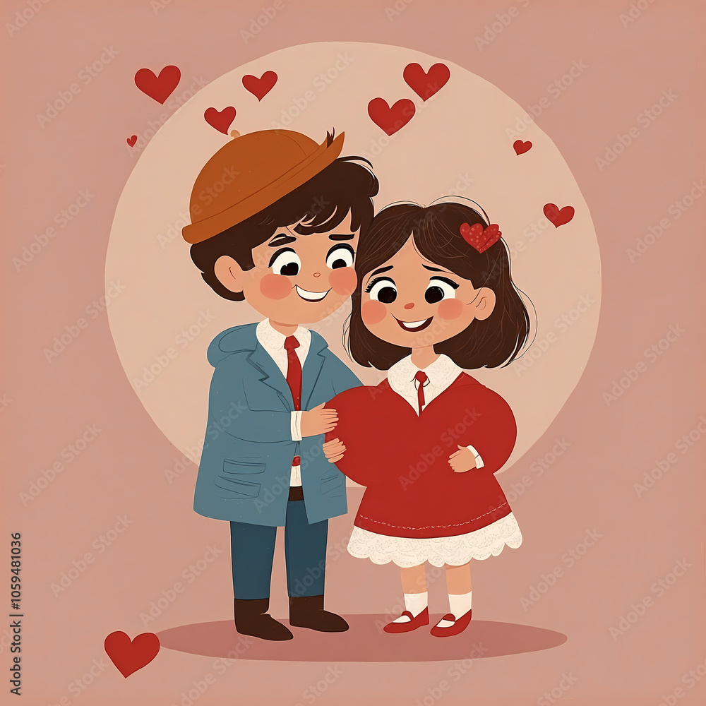 Cute illustrated couple sharing a heart on a romantic background with hearts, symbolizing love and affection Cute illustrated couple sharing a heart on a romantic background with hearts, symbolizing love and affection