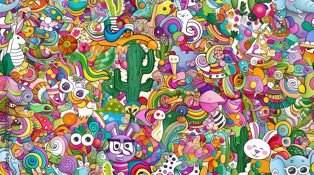 Fototapeta premium A vibrant and colorful illustration filled with whimsical animals, plants, and abstract designs against a cheerful backdrop