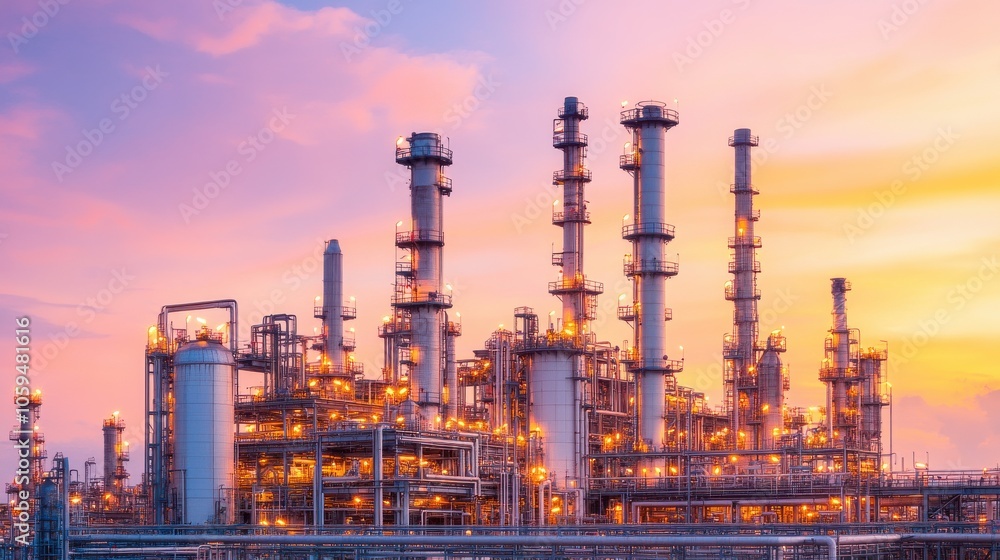 Fototapeta premium Oil Refinery Plant at Sunset with Glowing Lights