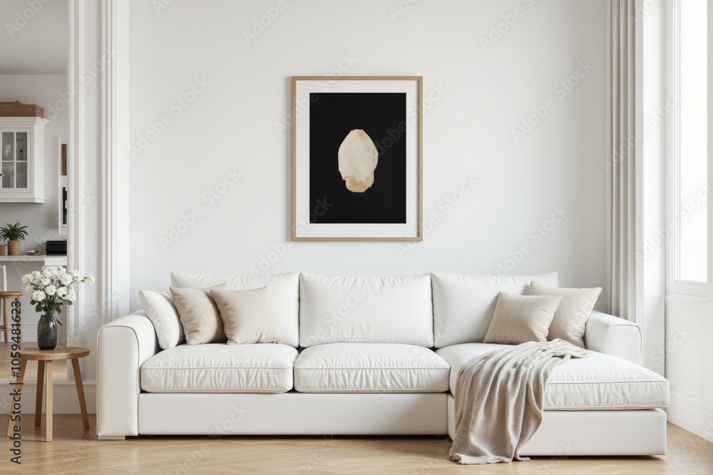 Minimalistic Living Room With Neutral Sofa, Modern Art Print, Cozy Throw Blanket, Plant, Natural Light, And Modern Furniture, Creating Calm And Welcoming Atmosphere Minimalistic Living Room With Neutral Sofa, Modern Art Print, Cozy Throw Blanket, Plant, Natural Light, And Modern Furniture, Creating Calm And Welcoming Atmosphere