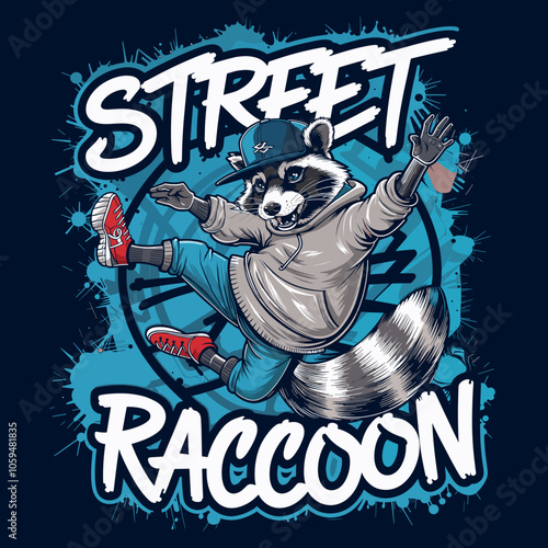 T-Shirt Print Design - Urban Street Style Raccoon Cartoon in Hoodie and Sneakers photo