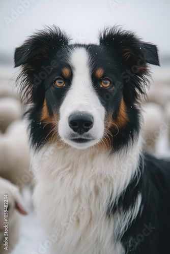 A close-up shot of a sheepdog attentively watching over a flock, with sheep in the blurred background, capturing the loyalty and essence of shepherding,