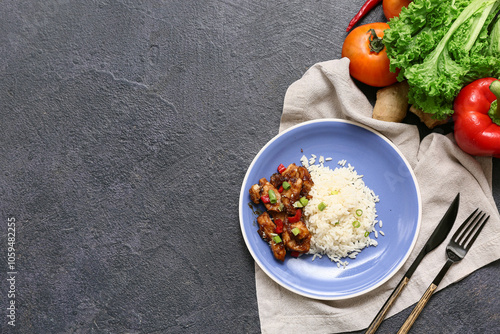 Tasty sweet and sour chicken with rice in plate, vegetables and cutlery on black grunge background