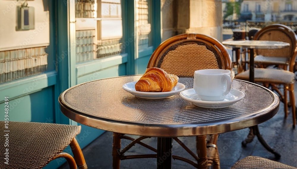 Coffee and croissant on a cafe table Coffee and croissant on a cafe table