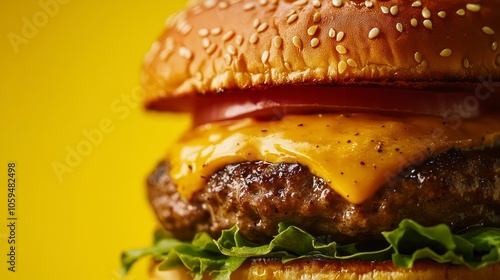 Close-up of a cheeseburger with a yellow background photo