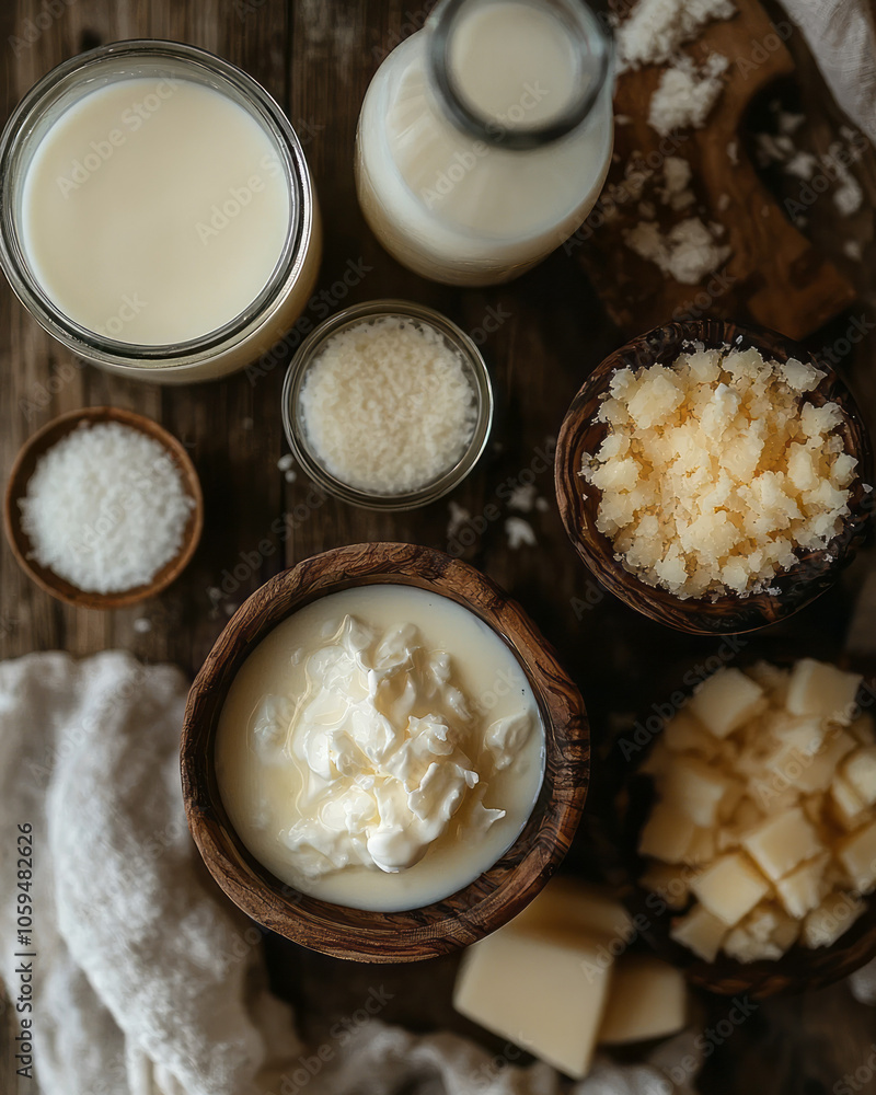 A detailed shot of cream being separated from milk, with glass jars and bowls arranged on a wooden countertop, evoking the artisanal craft of dairy production, A detailed shot of cream being separated from milk, with glass jars and bowls arranged on a wooden countertop, evoking the artisanal craft of dairy production,