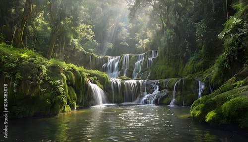 The Tranquil Mele Cascades with Water Flowing Over Moss-Covered Rocks
 photo