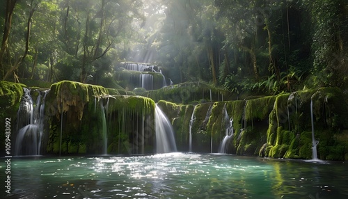 The Tranquil Mele Cascades with Water Flowing Over Moss-Covered Rocks
 photo