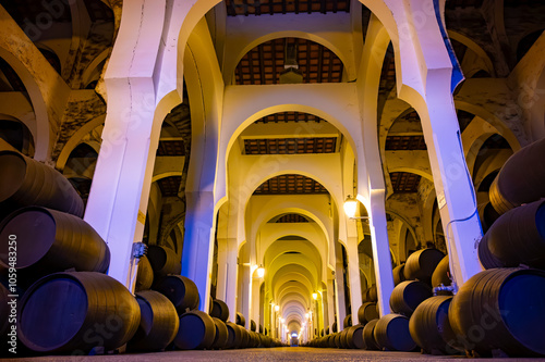 Solera system in bodegas, Andalusian wine cellar, process for aging different sherry wine in barrels, producing of jerez fortified wine, Jerez de la Frontera, Andalusia, Spain photo