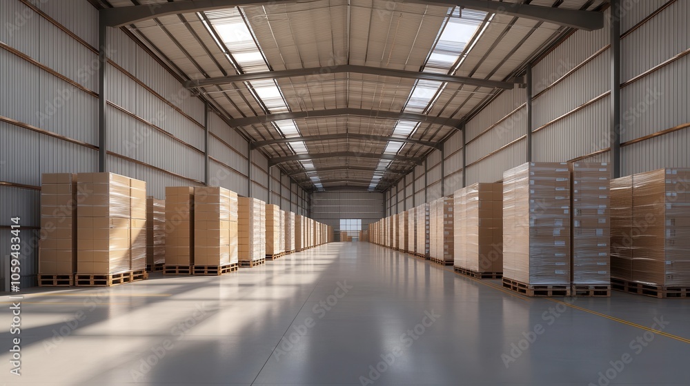 Modern Warehouse Interior with Stacked Pallets Modern Warehouse Interior with Stacked Pallets