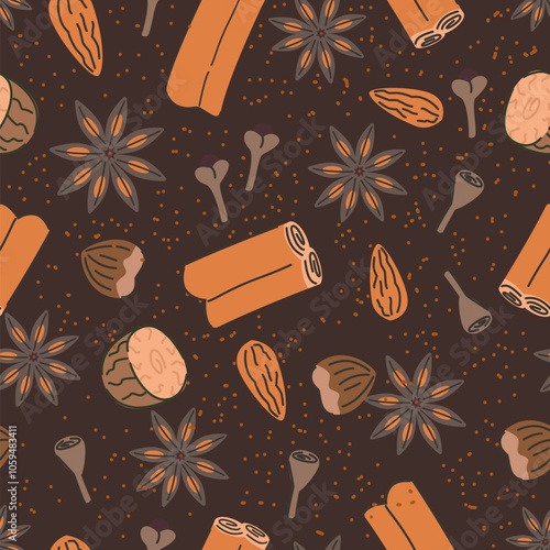 Seamless pattern of Christmas spices. Illustration of anise stars, cinnamon, nutmeg, and cloves. Christmas drink ingredients on brown background.