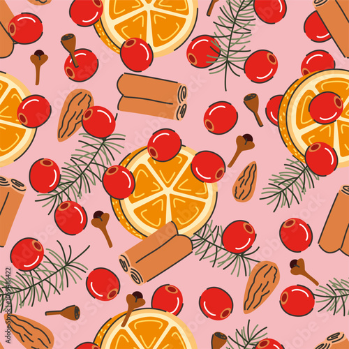 Seamless pattern of Christmas spices. Illustration of cranberry, anise stars, cinnamon, fir branches, orange slices, and cloves. Christmas drink ingredients on pink background.