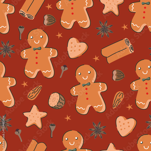 Seamless pattern of gingerbread with Christmas spices. Christmas ingredients on red background.