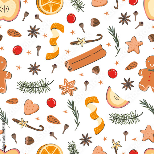 Seamless pattern of mulled wine spices. Illustration of gingerbread, anise stars, cinnamon, fir branches, orange slices, zest, and cloves. Christmas drink ingredients on white background.
