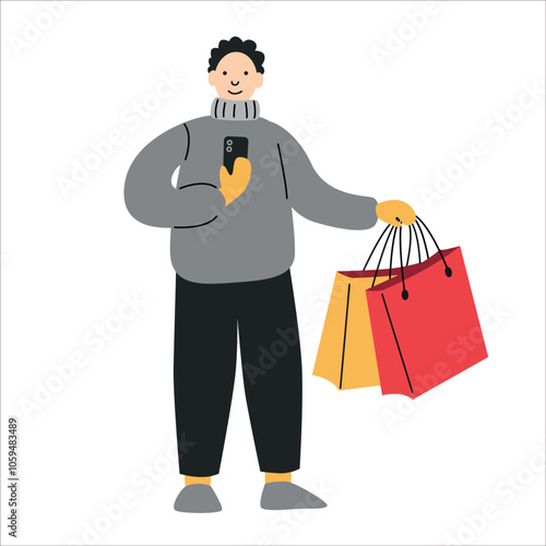 Man with shopping bags illustration. Shopping with a smartphone. Winter and Christmas sale.