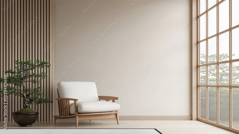 Fototapeta premium Minimalist Japanese Interior with Calligraphy and Bonsai