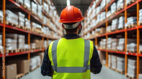 Warehouse Worker in Safety Vest and Helmet