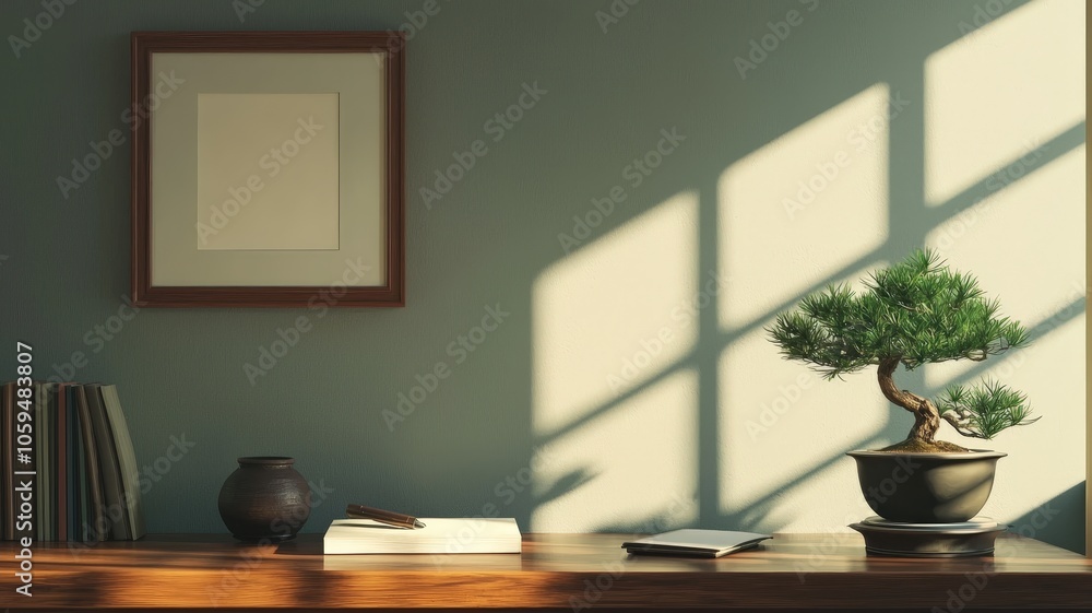 Tranquil Japanese Alcove with Bonsai and Calligraphy Tranquil Japanese Alcove with Bonsai and Calligraphy