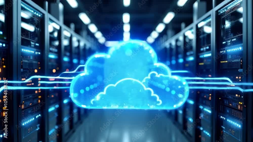 High-Tech Connectivity Depicted by Data Flows Between Servers Through a Hovering Cloud Icon High-Tech Connectivity Depicted by Data Flows Between Servers Through a Hovering Cloud Icon