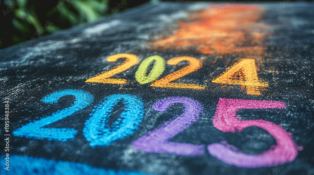 A hand-drawn arrow sketching upward from a chalkboard number 2024 to a freshly written 2025 at the top, with colorful chalk dust falling, creating a playful, optimistic aesthetic, A hand-drawn arrow sketching upward from a chalkboard number 2024 to a freshly written 2025 at the top, with colorful chalk dust falling, creating a playful, optimistic aesthetic,