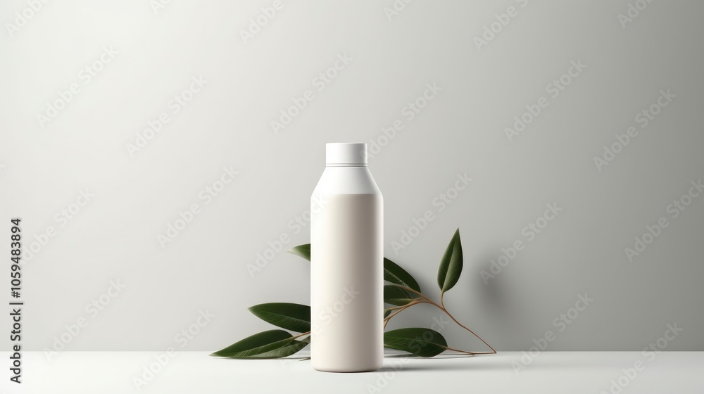 Cosmetic bottle on white background with green leaves Cosmetic bottle on white background with green leaves