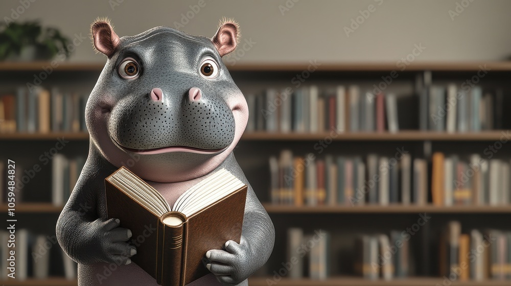 Sarcastic Baby Hippo Holding a Book in Library Setting Sarcastic Baby Hippo Holding a Book in Library Setting