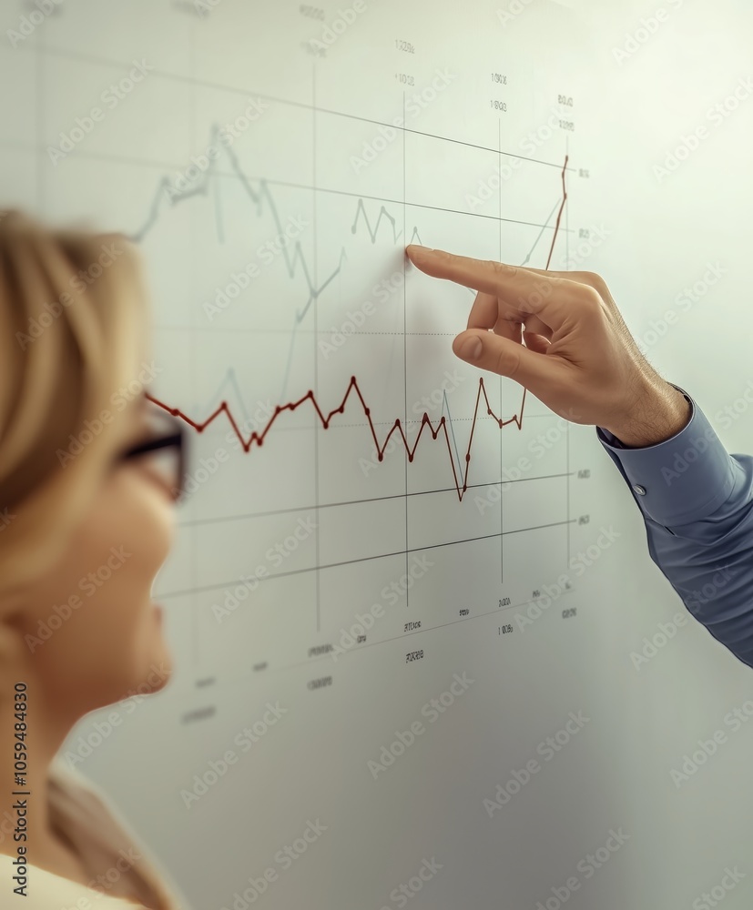 A man discusses data trends with a woman in an office setting. A man discusses data trends with a woman in an office setting.
