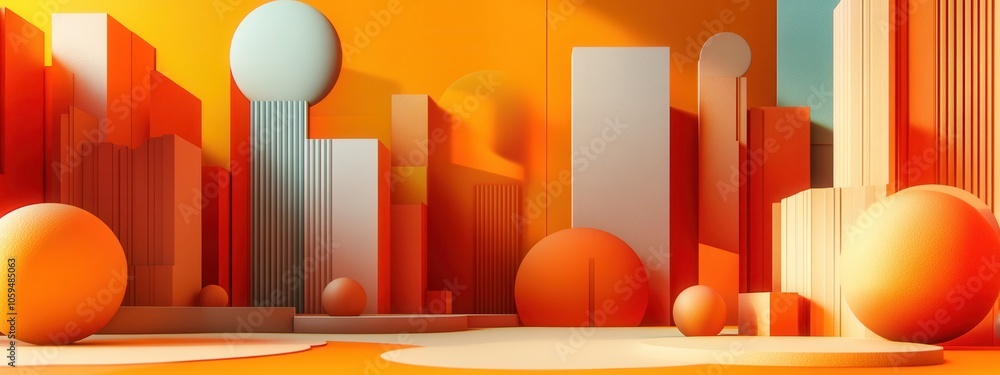 Vibrant modern composition of smooth 3D geometric shapes in orange and ...