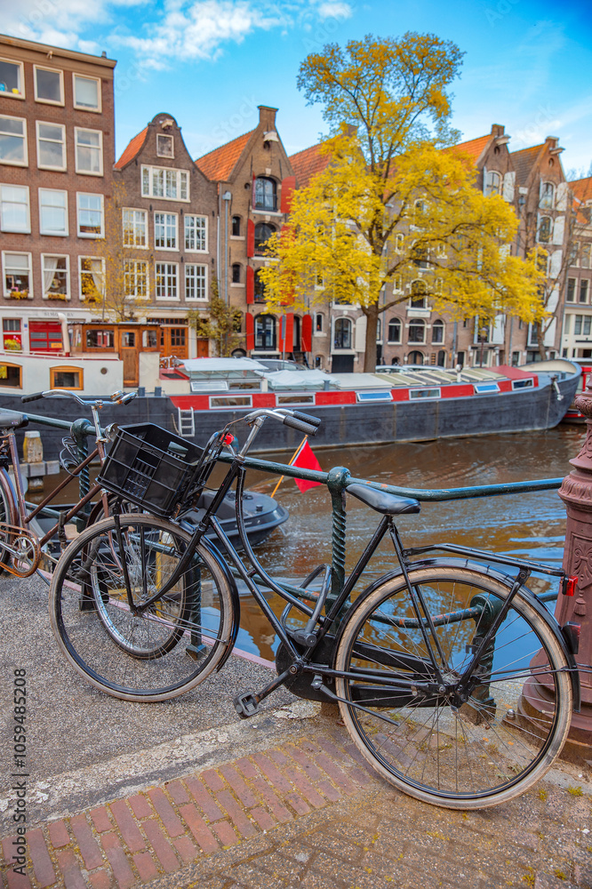 Fototapeta premium houses by a water canal in Amsterdam in autumn.