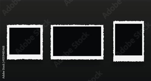 Photo frames with torn edges. Blank squares for pictures and paintings with realistic design element with instant vector development