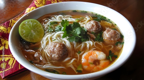 Kuy Teav Phnom Penh Cambodian Rice Noodle Soup with Meatballs and Shrimp (Cambodian Cuisine)
